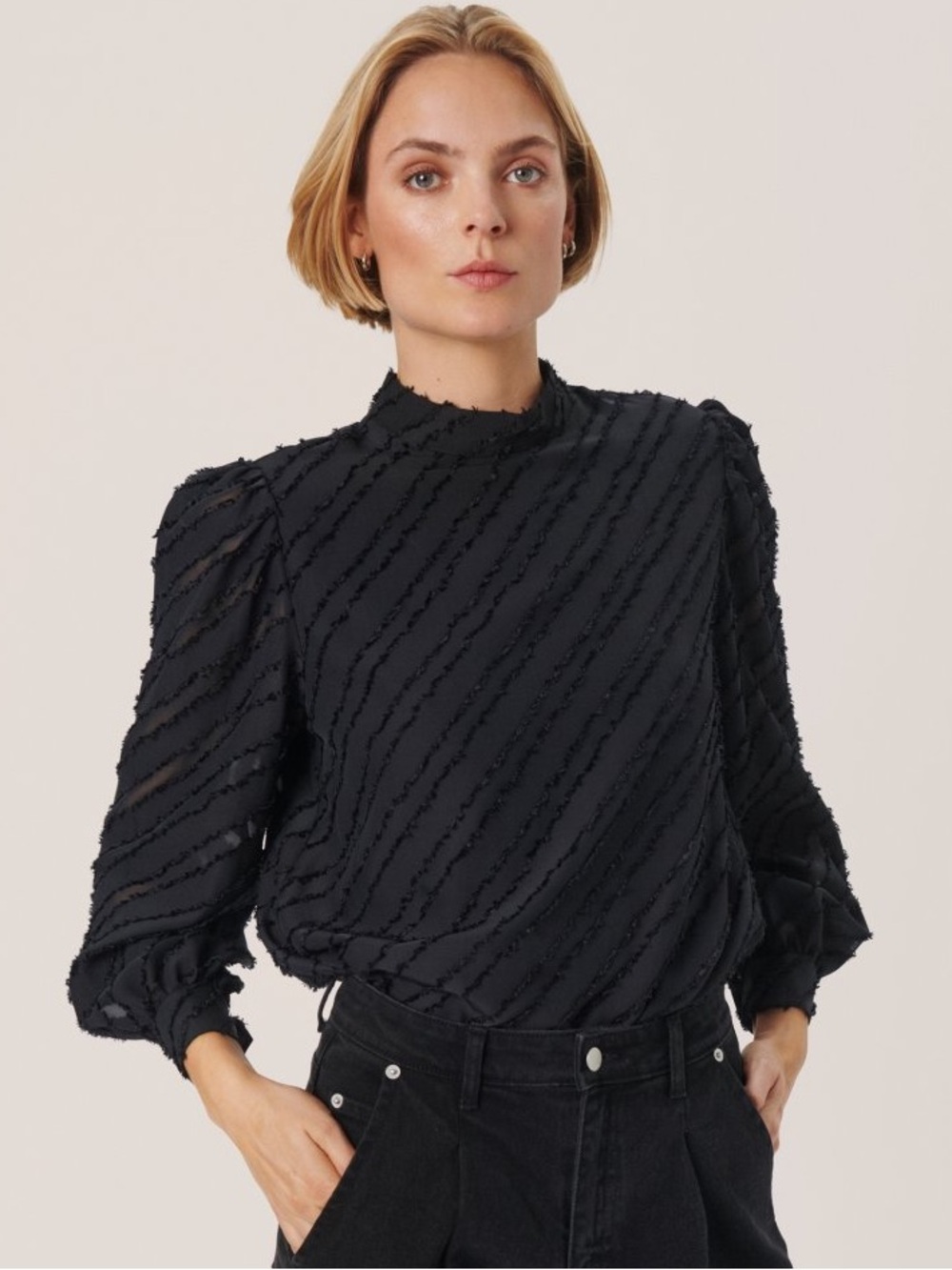 Black High-Neck Textured Puff-Sleeve Blouse